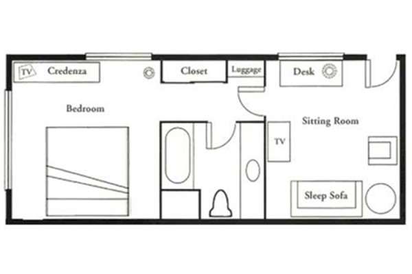 This image shows a floor plan with a bedroom, sitting room, sleep sofa, bathroom, desk, closet, and TV.