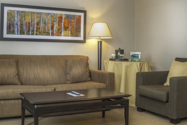 A cozy living room with a brown sofa, an armchair, framed art, a lamp, and a coffee table, with items on a side table.