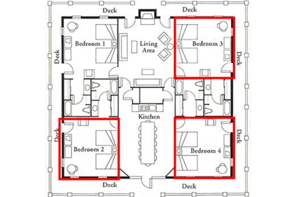 This image shows a floor plan with four bedrooms, a living area, kitchen, and decks. Rooms are highlighted with red rectangles.