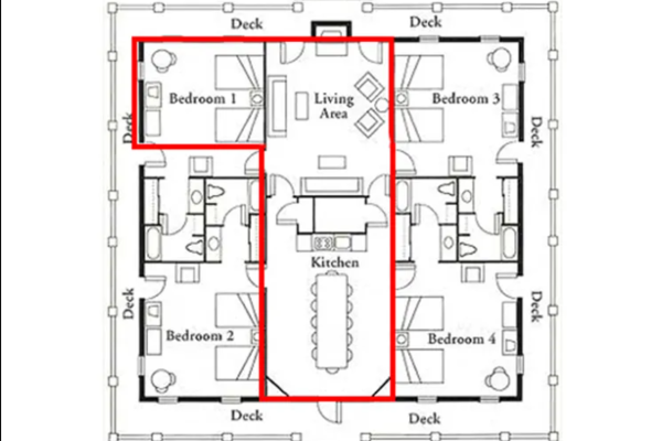 Floor plan with four bedrooms, living area, kitchen, central corridor, and surrounding deck. Red lines highlight part of the layout.