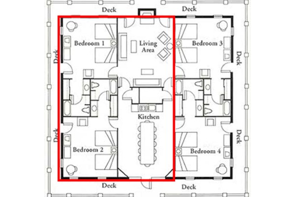 This image shows a floor plan with five bedrooms, a kitchen, a living area, and surrounding decks. A red box highlights the center area.