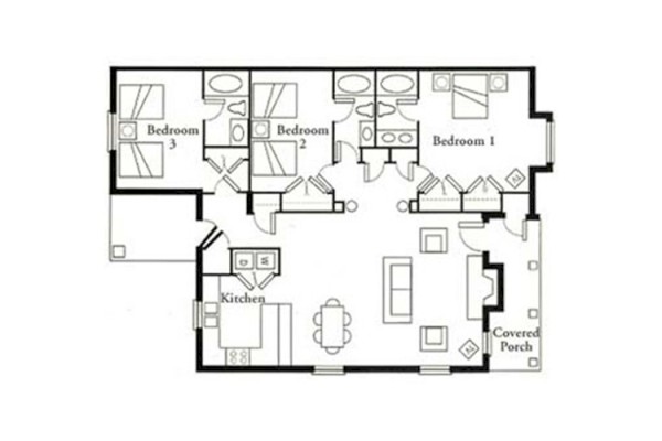 This image is a floor plan with three bedrooms, two bathrooms, a kitchen, living area, and a covered porch at the entrance.