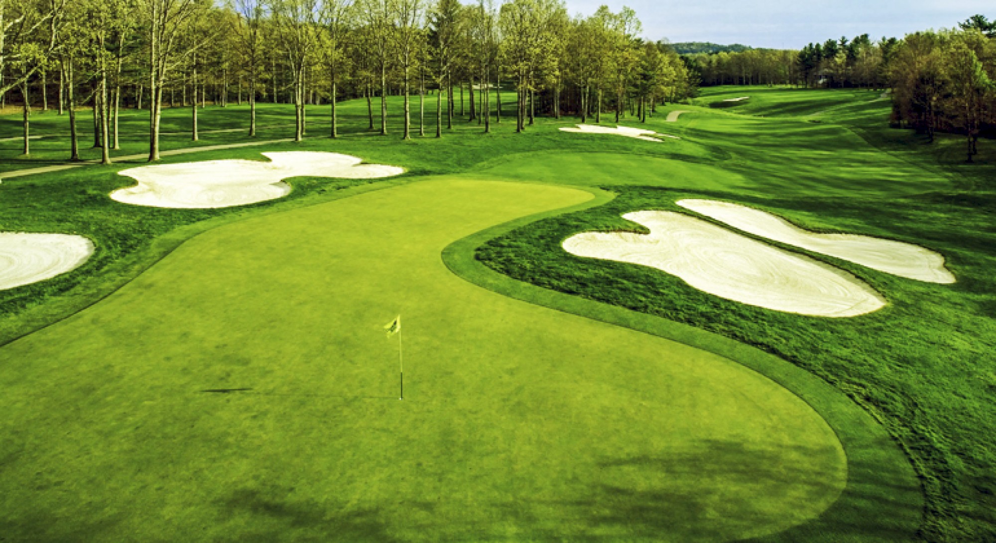 A golf course with a well-maintained green, surrounded by multiple sand bunkers and bordered by trees and grass in the background.