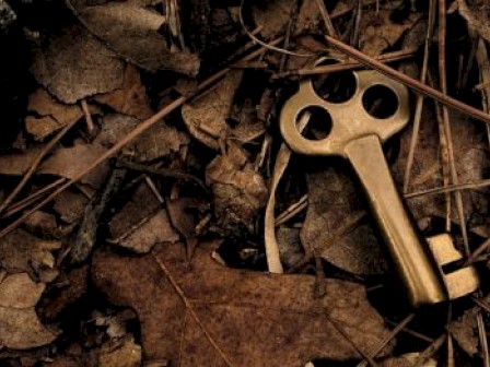 A vintage key lies on a bed of dry leaves and twigs, creating an earthy and mysterious atmosphere.