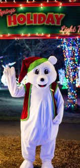 A person in a festive bear costume stands under a holiday light trail archway, surrounded by colorful holiday lights.