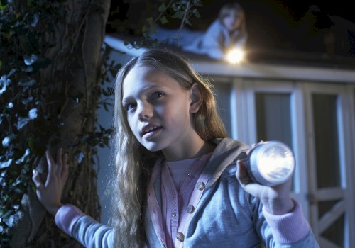 A girl holding a flashlight stands in front of a building at night, while another person is visible on the roof.